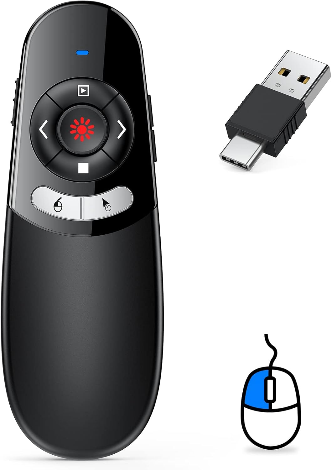 DINOSTRIKE 2 in 1 Type C and USB Presentation Clicker with Air Mouse Control, RF 2.4GHz Wireless Presenter Remote PowerPoint Clicker Slide Pointer Advancer for Computer Laptop Classroom Office