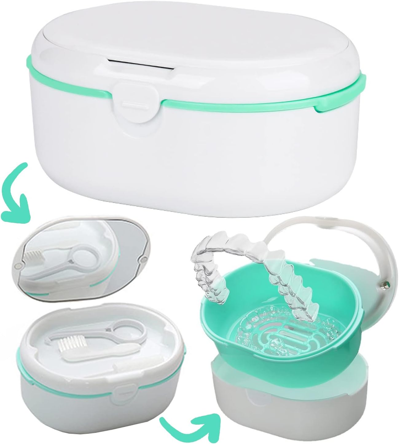 MURRI&MURRDI Retainer Case, Denture Bath Box with Strainer Basket, Mouth Guard Case, Braces Cleaner Cup, Cute Retainer Holder Denture Storage Soak Container for Travel Cleaning (D White)