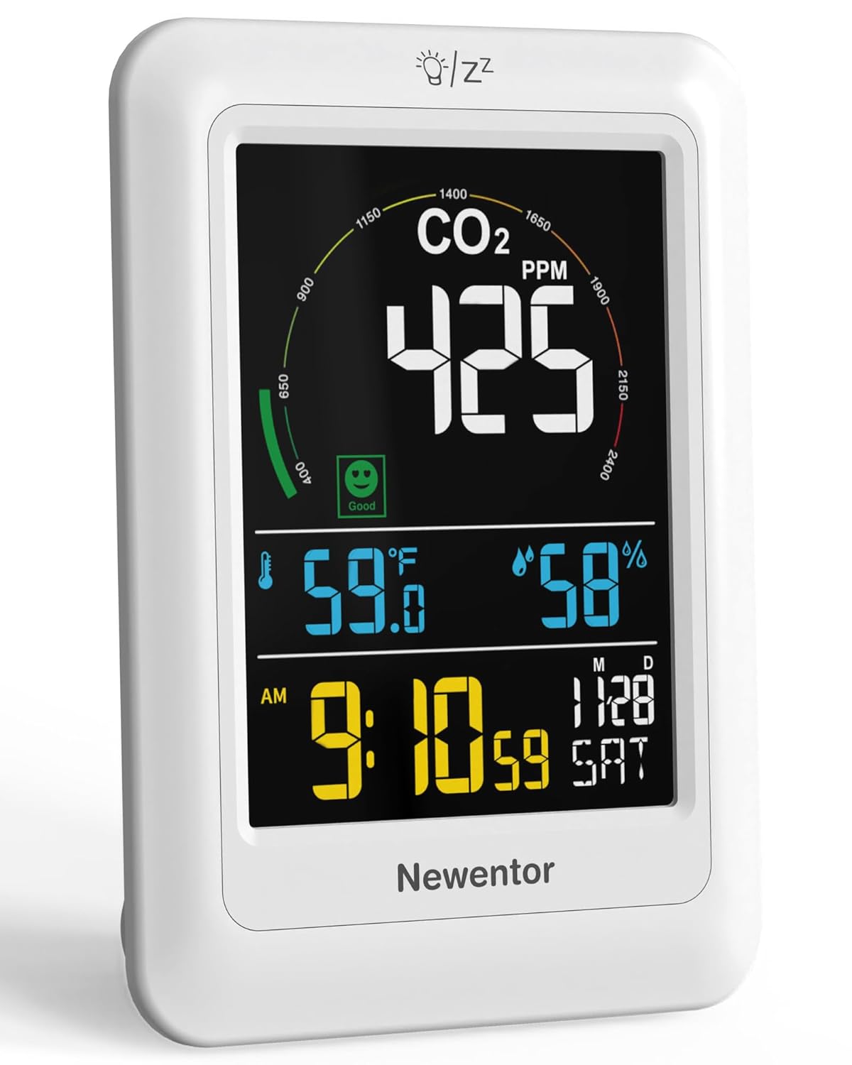 Newentor CO2 Monitor, Indoor Air Quality Meters, Carbon Dioxide Detector with Voice Alert, Large Display CO2 Tester, Temperature Humidity Sensor, Alarm Clock for Home, RV, Grow Tents, White