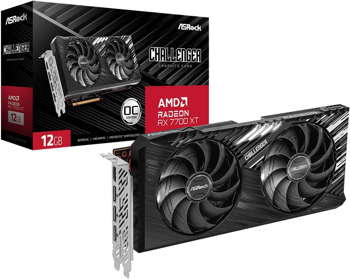 ASRock AMD Radeon RX 7700 XT Challenger 12GB GDDR6 192-bit 0dB Silent Cooling 7680 x 4320 DisplayPort HDMI LED Indicator 18Gbps Dual Fan Graphics Card