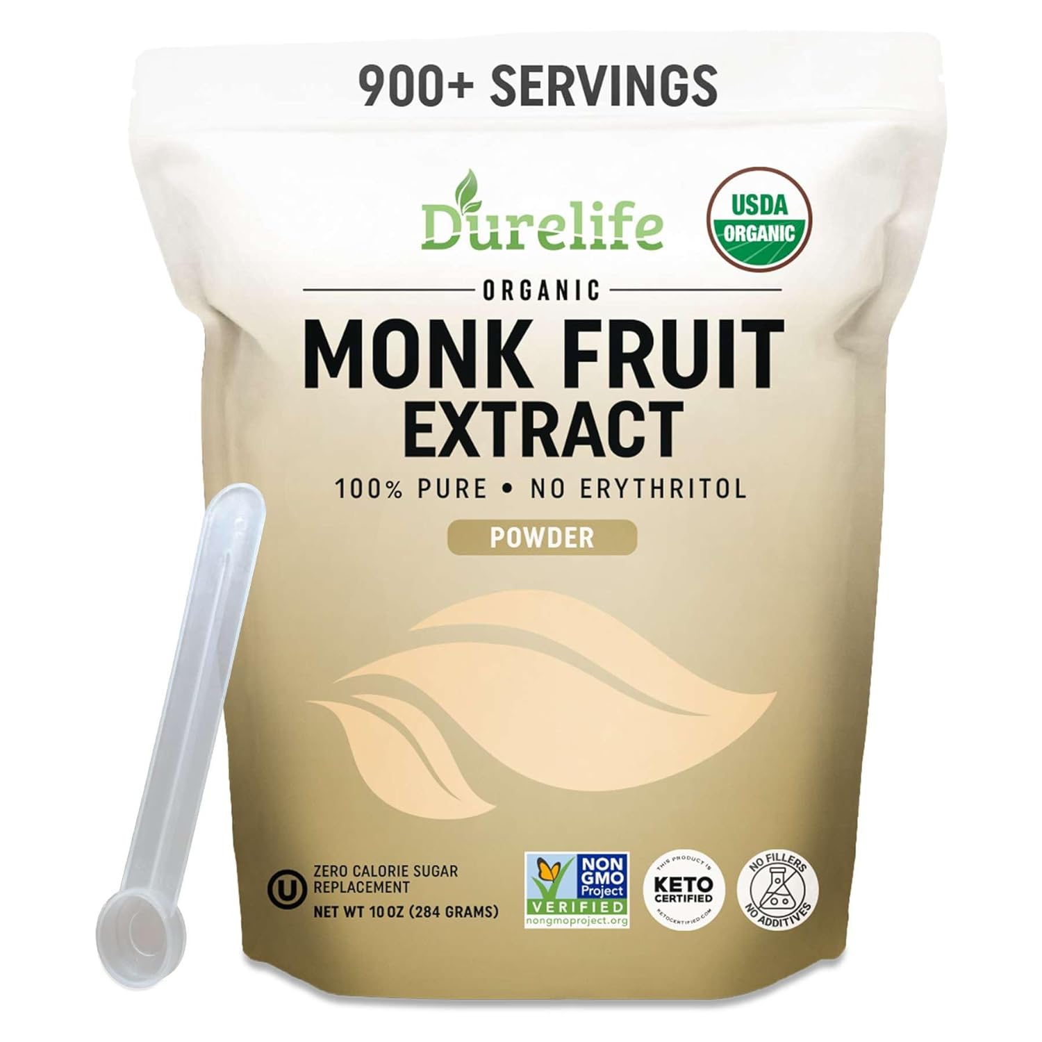 Durelife Organic 100% Pure Monk Fruit sweetener, No Erythritol, Monkfruit Extract Powder, USDA organic NON-GMO Project Verified, Keto Certified, OU kosher No Fillers Zero Calorie Sugar Substitute 10 OZ