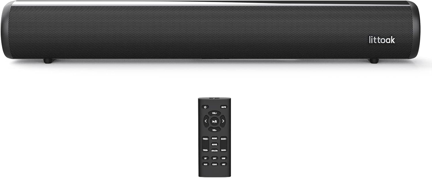 HDMI Sound Bar for TV, Bluetooth Small TV Soundbar Speaker, Optical/HDMI/Aux/Coax/USB/Bluetooth Connection for TV, PC, Projectors, Includes Remote Control, 16 inch