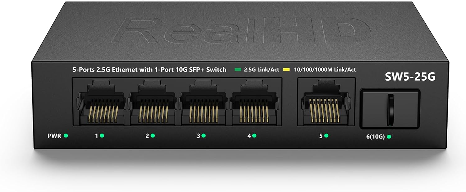 5 Port 2.5GB Ethernet Switch Unmanaged Network Switch | 5 x 2.5 Gigabit | 1 x 10G SFP+ | Multigig Switch 10-100-1000Mbps | 45G Bandwidth | Plug & Play | Fanless Metal Internet Switch | NOT Support VPN