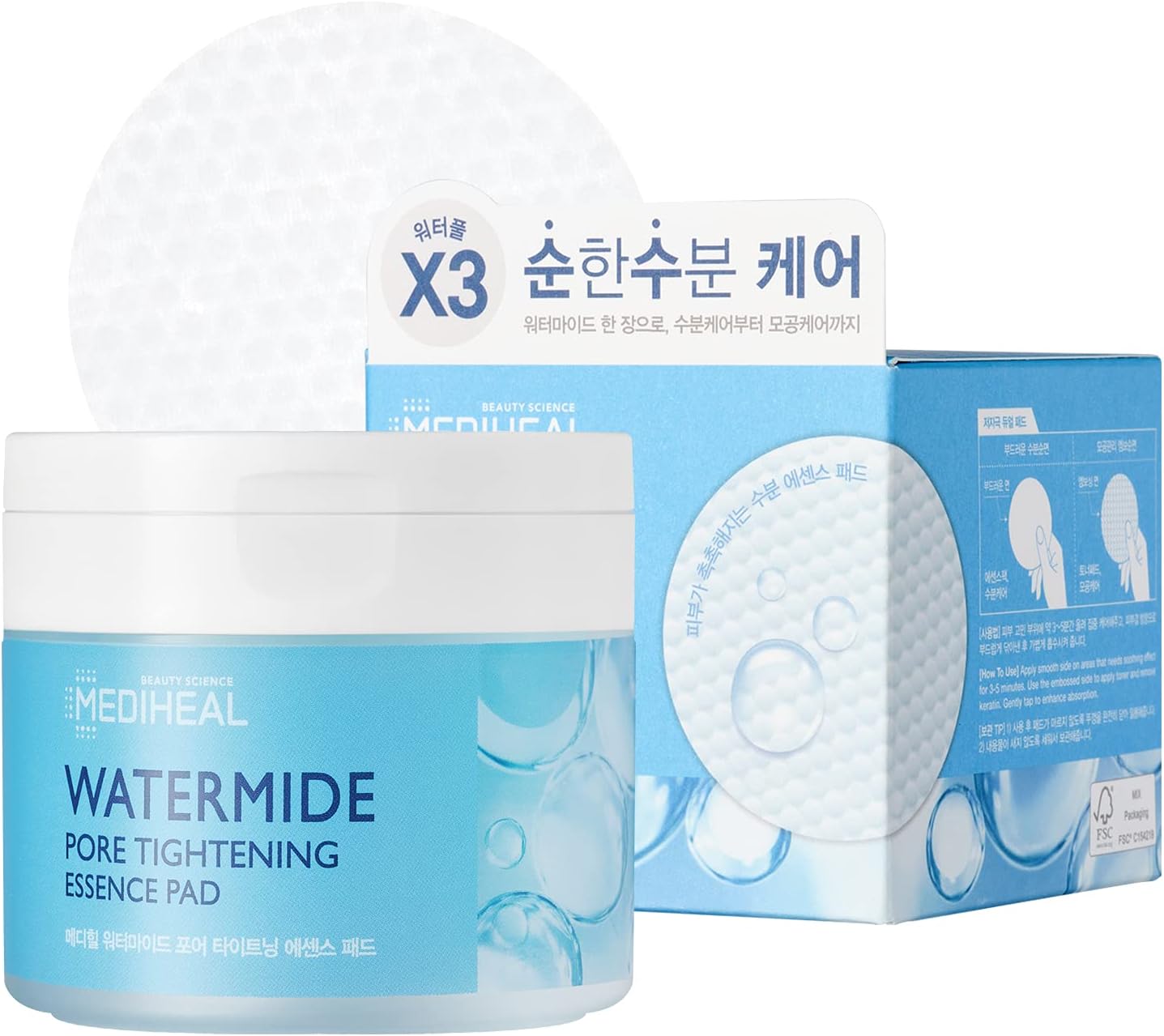 Mediheal Watermide Pore Tightening Essence Toner Pad – Pore Minimizing, Hydrating, and Exfoliating Pads, Cotton Pads Enriched with Sea Water and Ceramide for Nourishment and Hydration, 50 Sheets