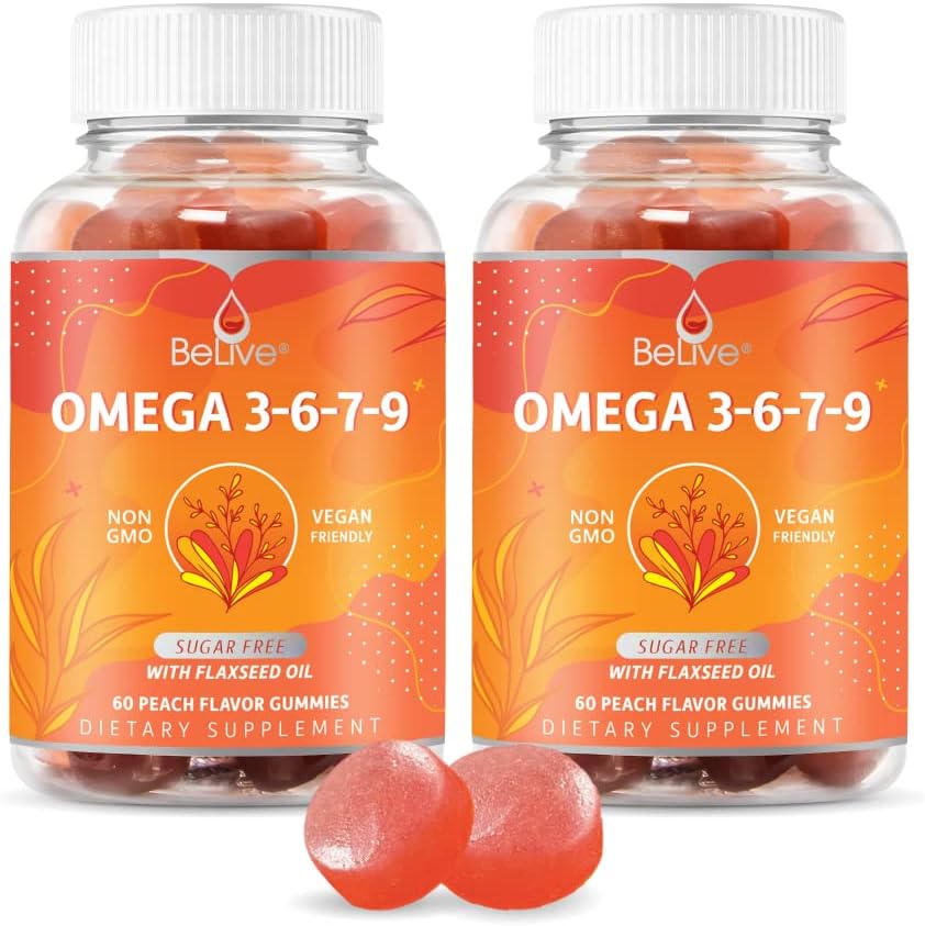 BeLive Organic Omega 3 Gummies – Omega 3 6 9 7 DHA & EPA from Flaxseed Oil & Sea Buckthorn Fruit Oil, Vegan Omega 3 for Kids & Adults, Full Body, Brain & Eye Support, Sugar Free – Peach | 2-Pack