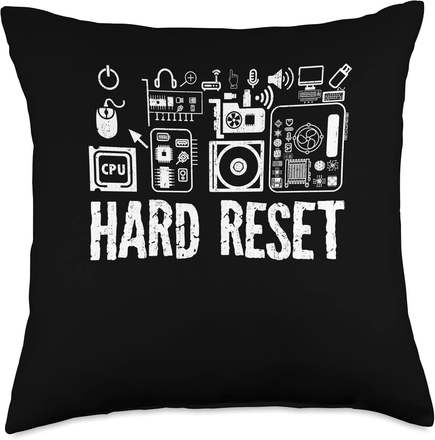 Hard Reset Funny IT Worker Quote Technical Support Humor Throw Pillow, 18×18, Multicolor