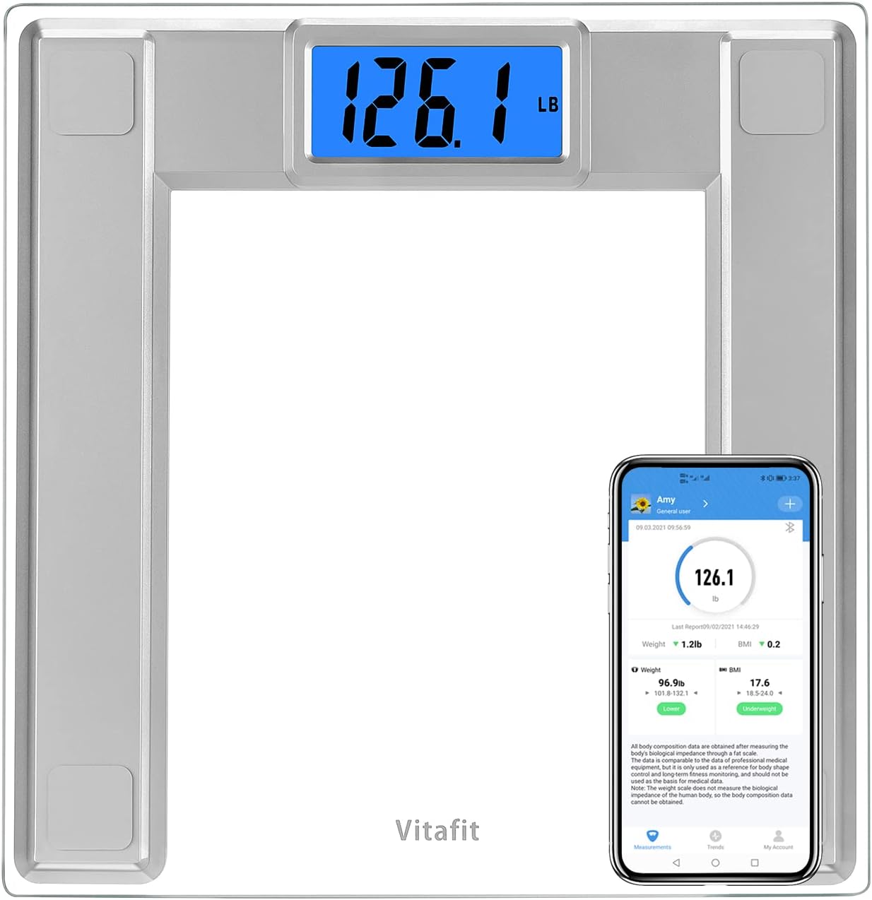 Vitafit 550lb Extra-High Capacity Digital Bathroom Scale for Body Weight and BMI Via Smart APP, Weighing Professional Since 2001, 8mm Tempered Glass and Step-on, Extra Large Blue Backlit LCD, Silver