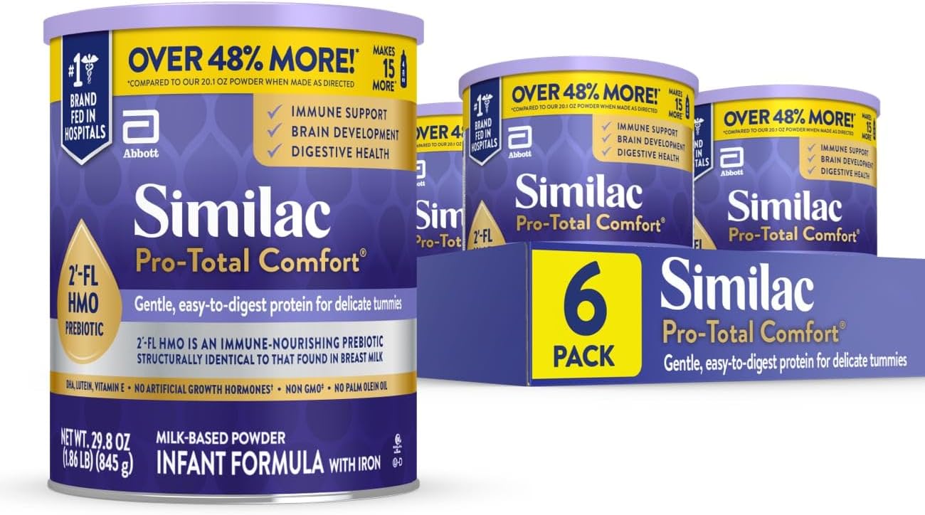 Similac Pro-Total Comfort Infant Formula with Iron, Gentle, Easy-to-Digest Formula, with 2′-FL HMO for Immune Support, Non-GMO, Baby Formula Powder, 29.8-oz Can, Pack of 6