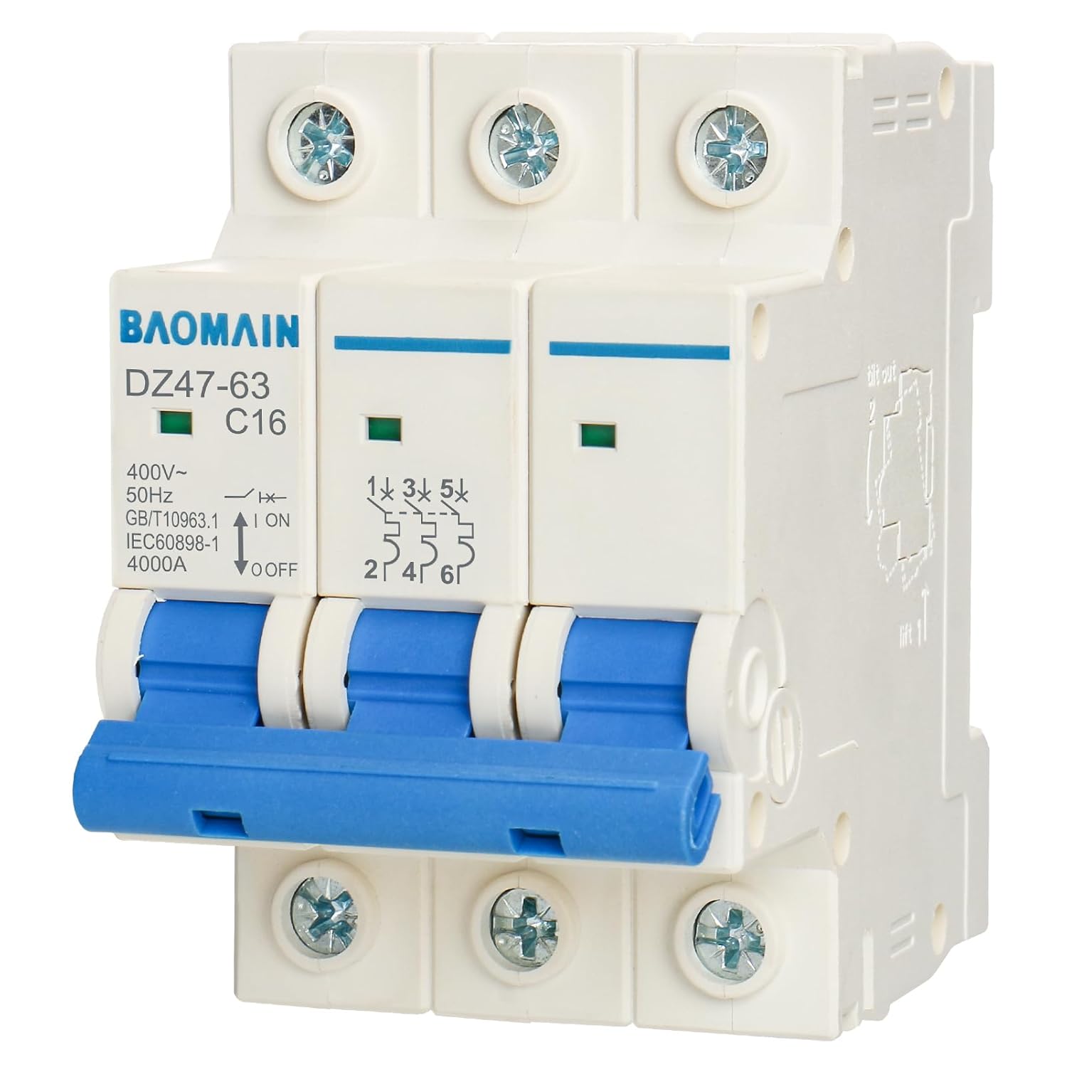 Baomain 3 Pole Miniature Circuit Breaker, DZ47-63 16A 400V 4 kA AC Circuit Breaker, 3P DIN Rail Mount MCB C16 (C16, 10Amp)