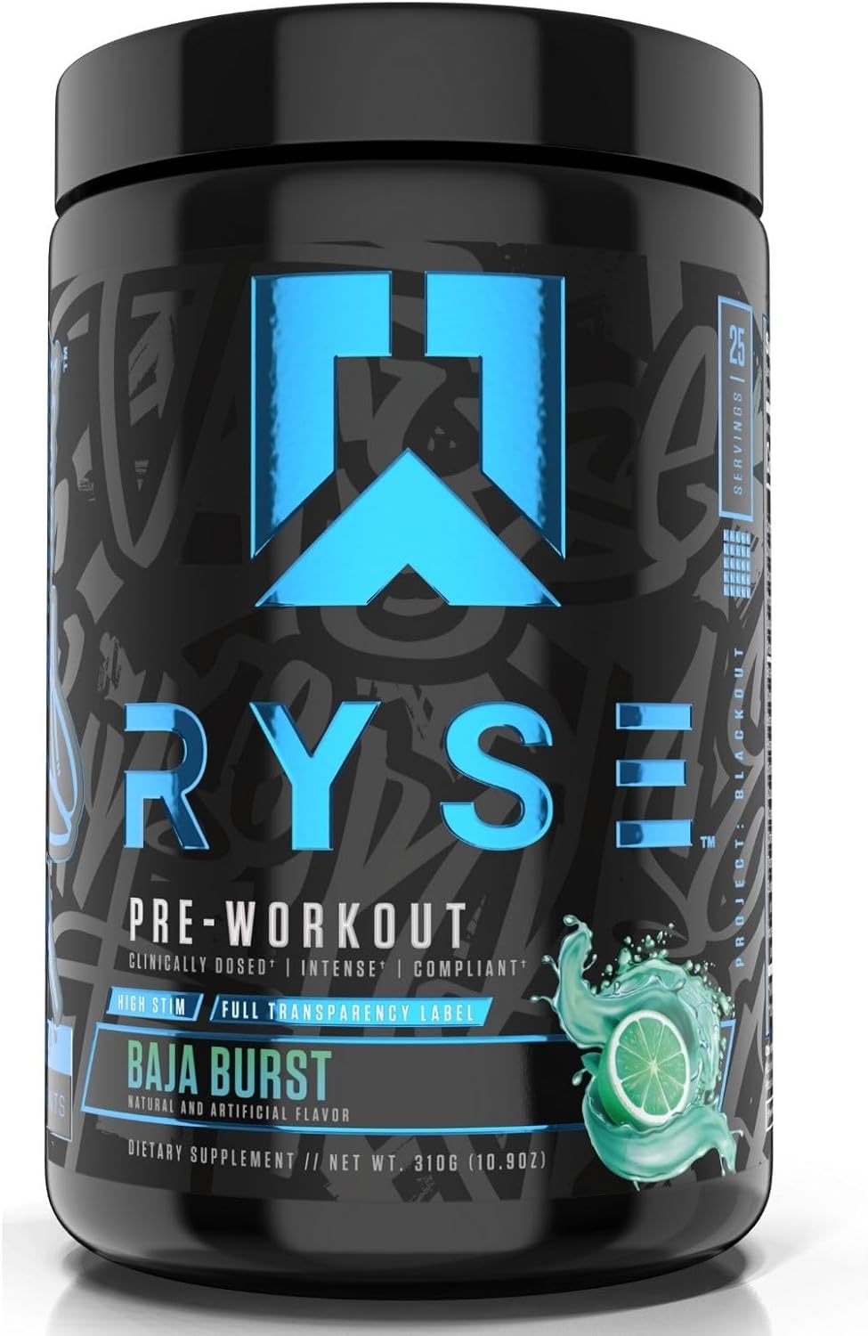 Ryse Project Blackout Pre Workout | Pump, Energy, and Strength | with Caffeine, Vitacholine, Nitrates, and Theobromine | 25 Servings (Baja Burst)