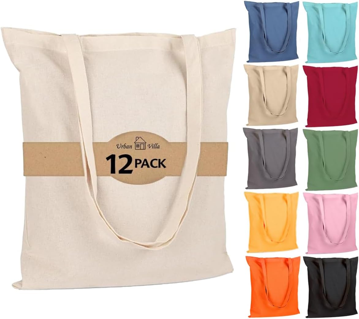 Urban Villa 12 Pack Reusable Grocery Bags 15’’x16’’ with 27’’ long Handle Natural Color 100% Cotton Tote Bags Medium Weight Grocery Shopping Cloth Bags Great Choice for Promotion Gift DIY Advertising