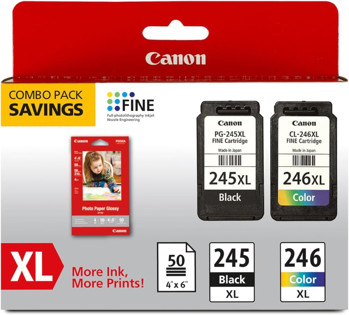 Canon PG-245 XL / CL-246 XL Genuine Ink Value Pack (2 Cartridges) with 50-Sheet Photo Paper, Compatible with iP2820, MG2420/2924/2920/3020/2522/2525, MX492, TS3120/302/302a/202/202a/4520/3320