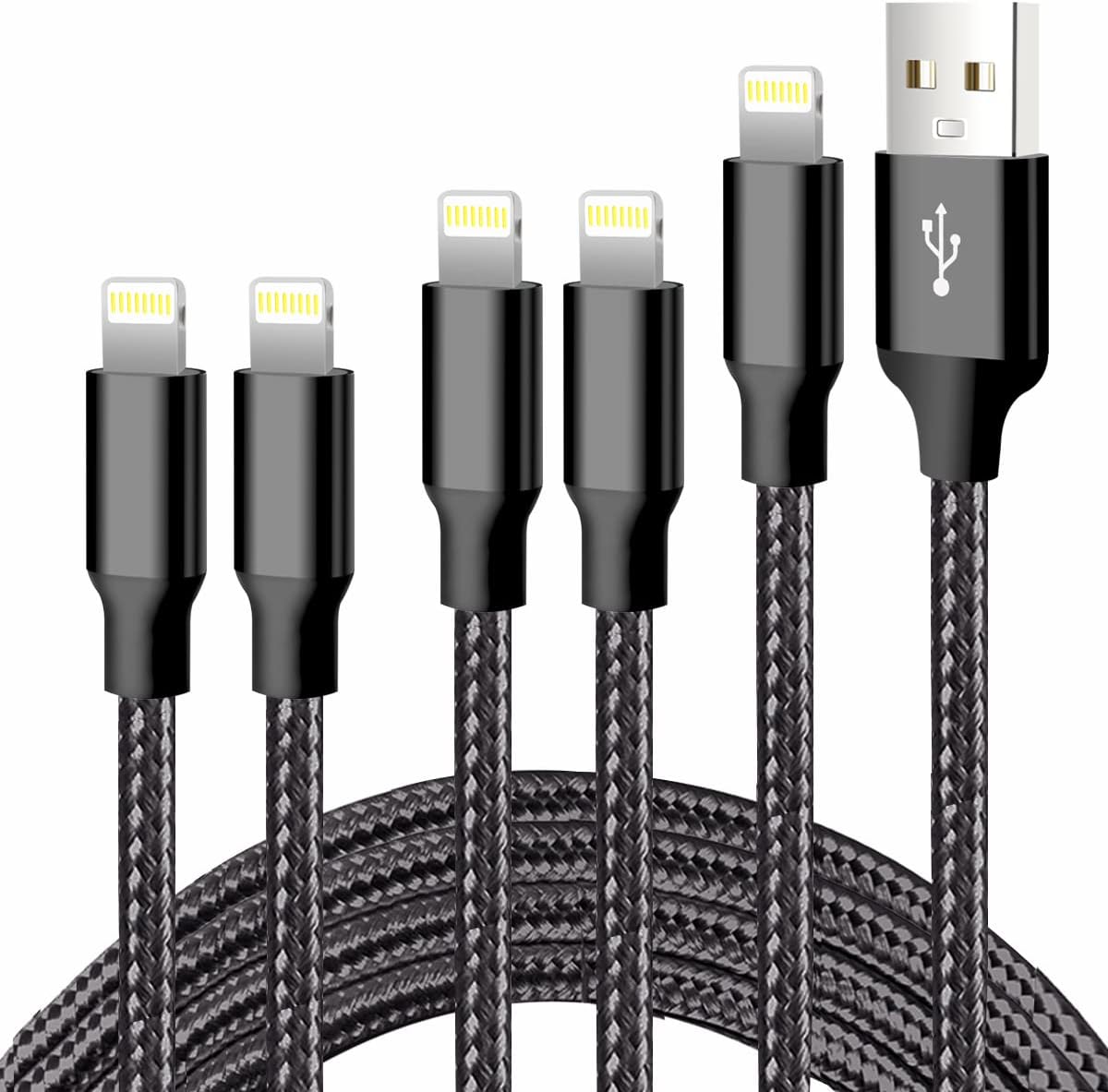 iPhone Charger, 5 Pack 3/3/6/6/10FT Apple MFi Certified USB Lightning Cable Nylon Braided Fast Charging Cord Compatible for iPhone 14/13/12/11/X/Max/8/7/6/5/SE/Plus/iPad – Black