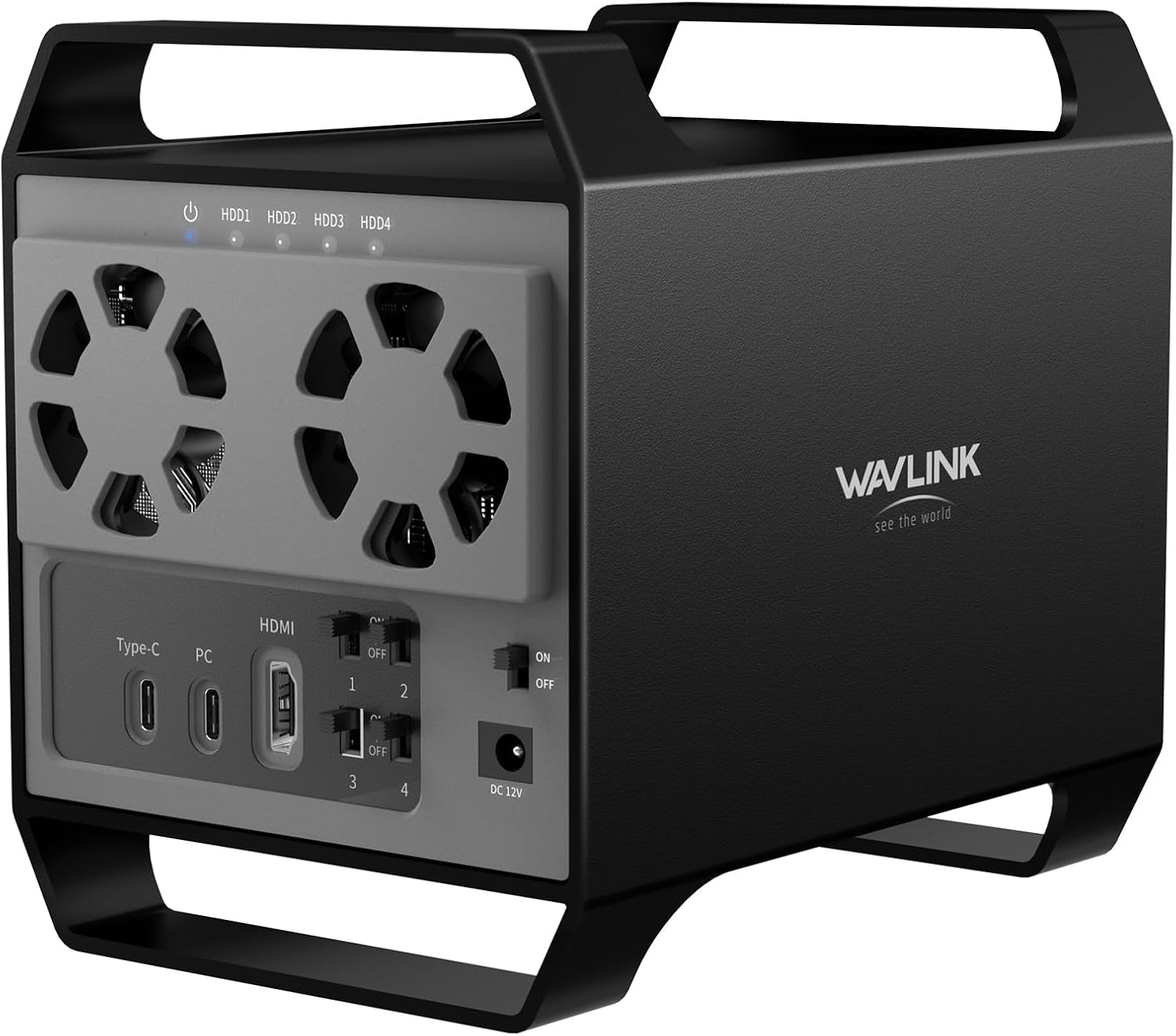 WAVLINK 4-Bay Hard Drive Enclosure for 3.5″ and 2.5” SATA HDD/SSD Featuring 10Gbps USB-C 3.2, 88TB Capacity, Built-in Temp-Controlled Cooling Fans, HDMI 4K Stunning Video Output, Aluminum Alloy Shell