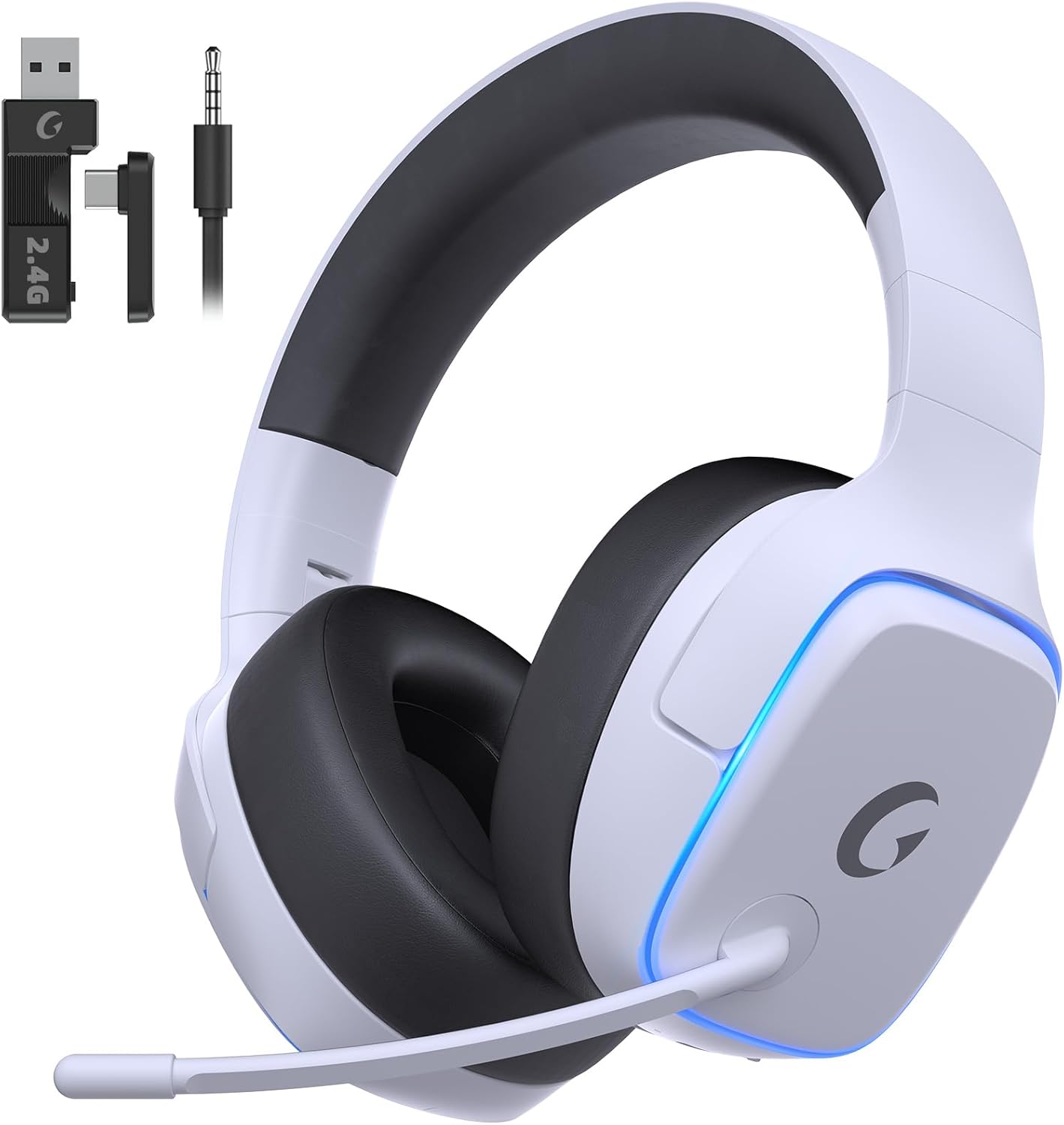 2.4GHz Wireless Gaming Headsets for PS5, PS4, PC, Switch – Bluetooth 5.3 Gaming Headphones with Noise Canceling Mic, 7.1 Surround Sound, 70H Battery, RGB Lights – White