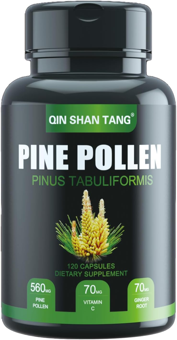 Pine Pollen Supplement wtih Ginger Root and Vitamin C, 99% Cracked Cell Wall,120 Veggie Capsules，Focus＆Immune Improve