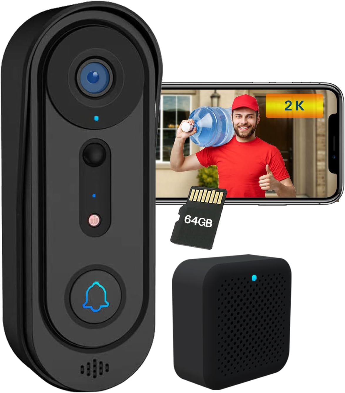 2K Video Doorbell Wireless, 2.4Ghz WiFi Doorbell Camera with 64GB SD Card, Indoor Chime,Two-Way Audio, IP66 Weather Resistance, IR Night Vision, AI Human Detection, Support Cloud Storage