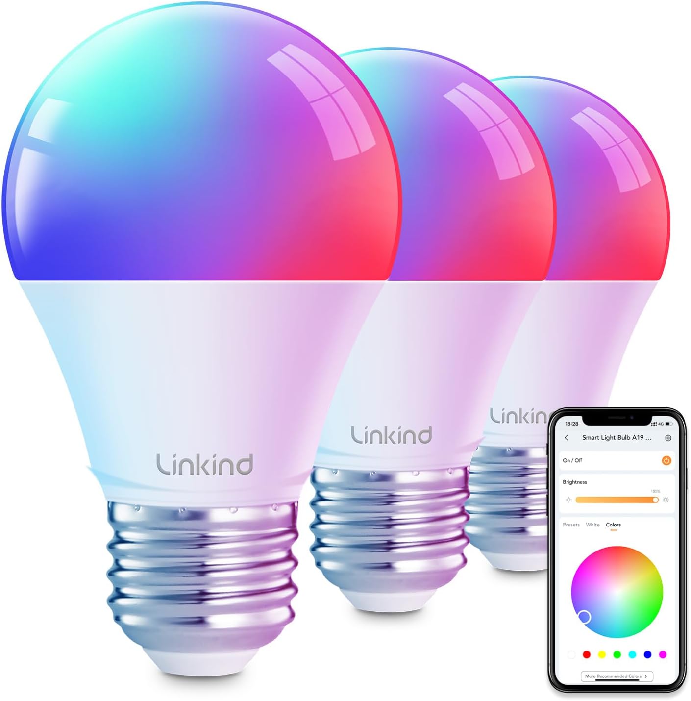 Linkind Smart Bulb, Smart Light Bulbs That Work with Alexa & Google Home, Color Changing Light Bulbs, Preset Scenes, Music Sync, A19 E26 2.4GHz RGBTW WiFi Bluetooth Light Bulb 60W, 800LM, 3Pack