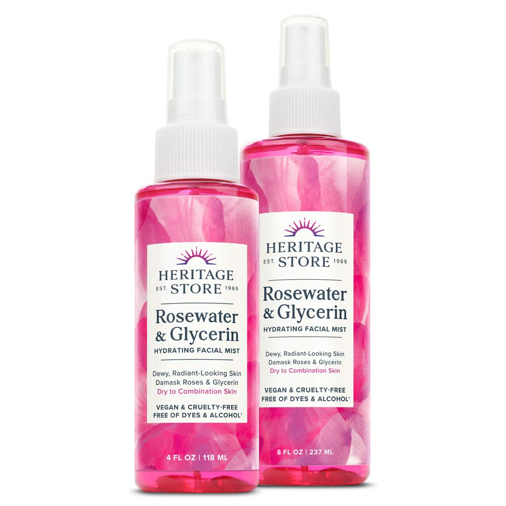 HERITAGE STORE Rosewater & Glycerin Bundle | Hydrating Facial Mist for Dewy, Radiant Skin | No Dyes or Alcohol, 8oz, 4oz