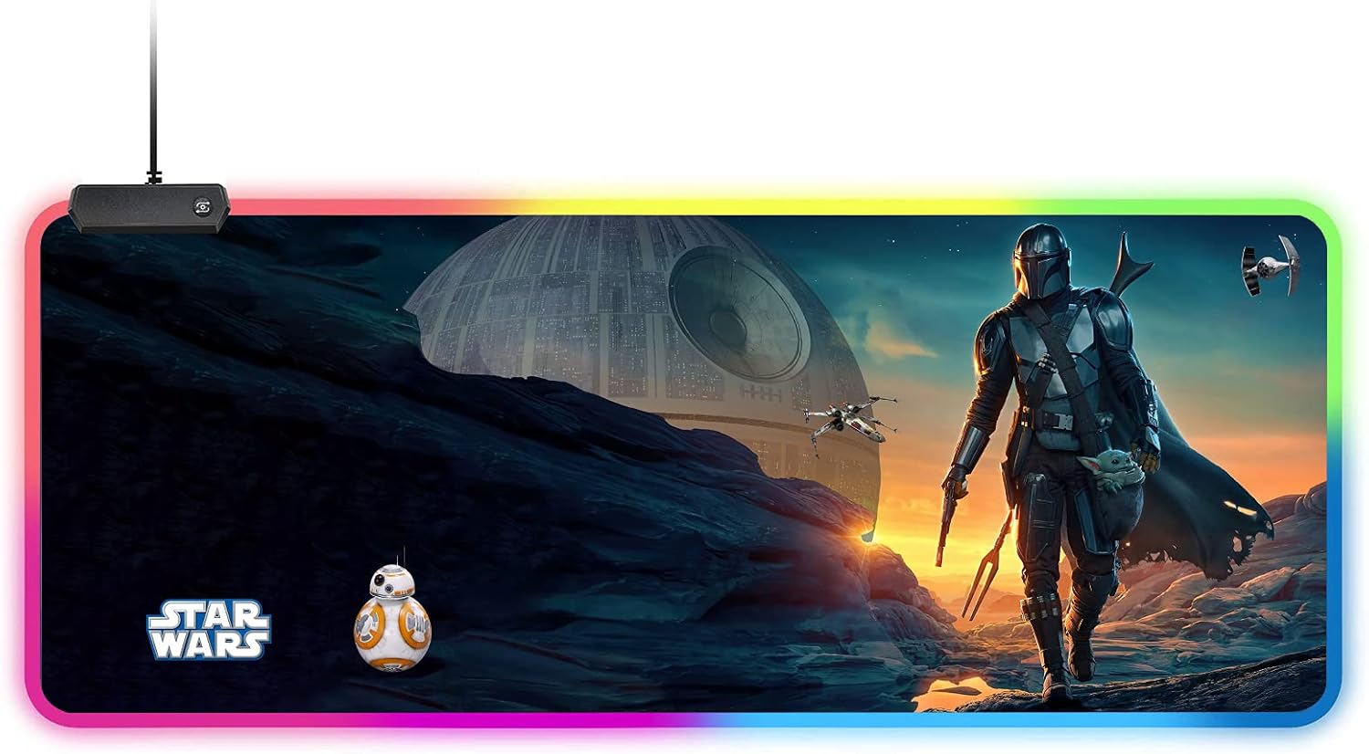 Mandalorian Yoda Blue Death Star RGB Soft Gaming Mouse Pad Large Oversized Glowing Led Extended Mousepad Non-Slip Rubber Base Computer Keyboard Pad Mat