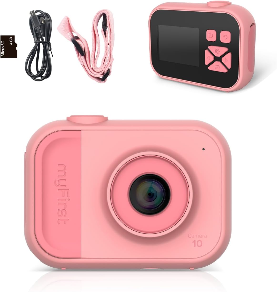 myFirst Camera 10 – Kids Digital Mini Camera for Boys and Girls with Durable Design, 5MP Photos and 1080p Video, Webcam, Tripod Adapter, Neck Lanyard, MicroSD Card, for Kids 3-12 (Pink)