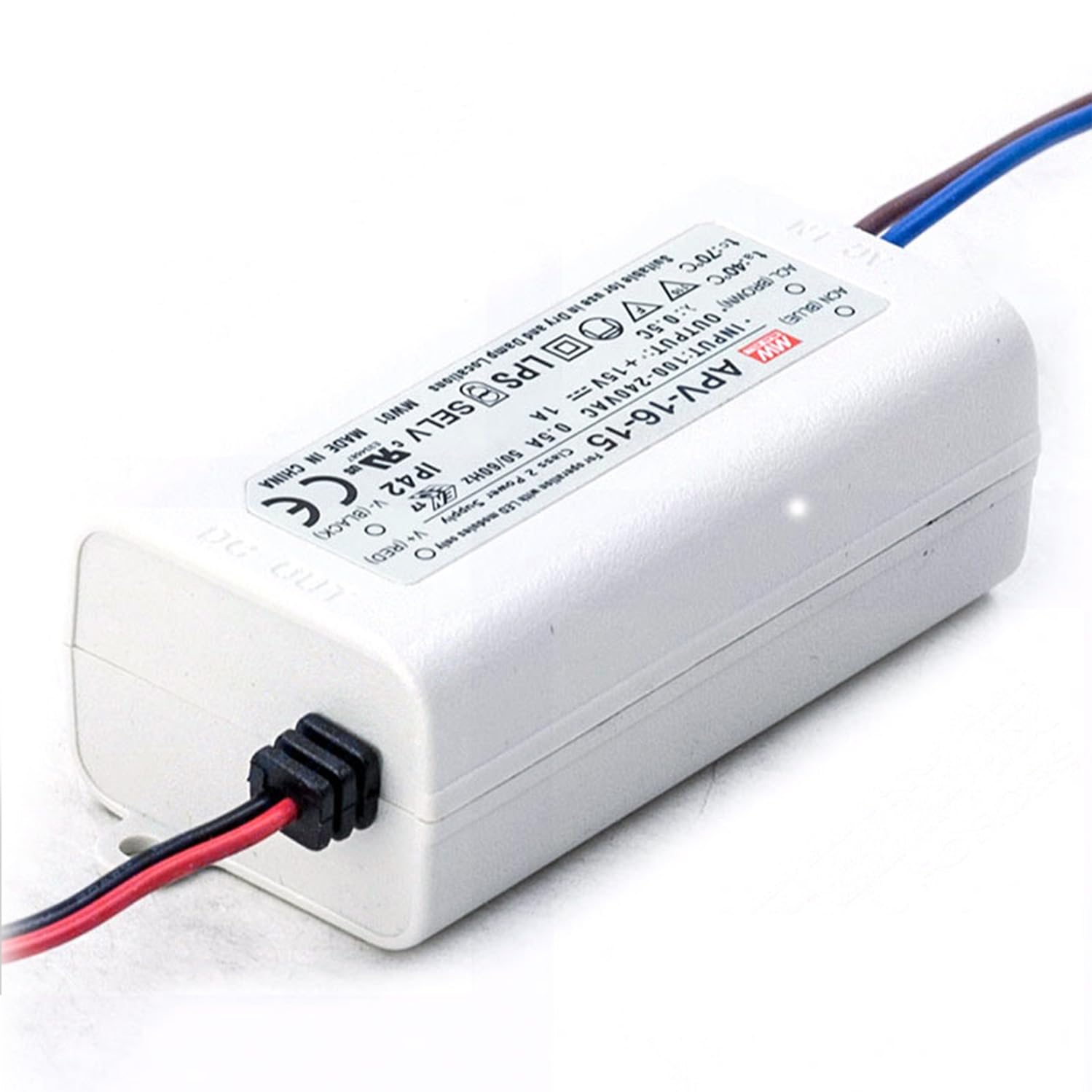 Mean Well APV-16-15 15V Constant Voltage LED Driver, 16W Switching Power Supply, 90-264VAC/127-370VDC Input, Class 2 Power Supply, Short Circuit/Overload, IP42, Ideal for LED Lighting Applications