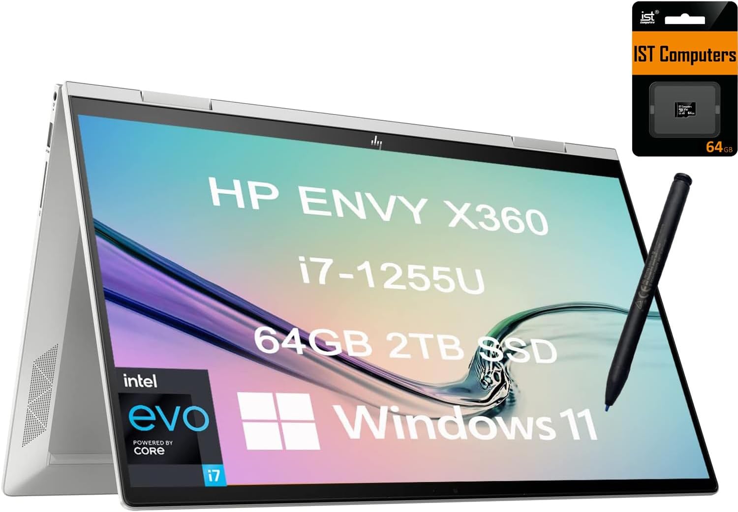 HP Envy X360 15 15t 2-in-1 Touchscreen (Intel 12th Gen i7-1255U, 64GB RAM, 2TB SSD, Webcam, Stylus) 15.6″ FHD Convertible Laptop, Backlit KB, 2 x Thunderbolt 4, Computer Bag Included, Win 11 Home