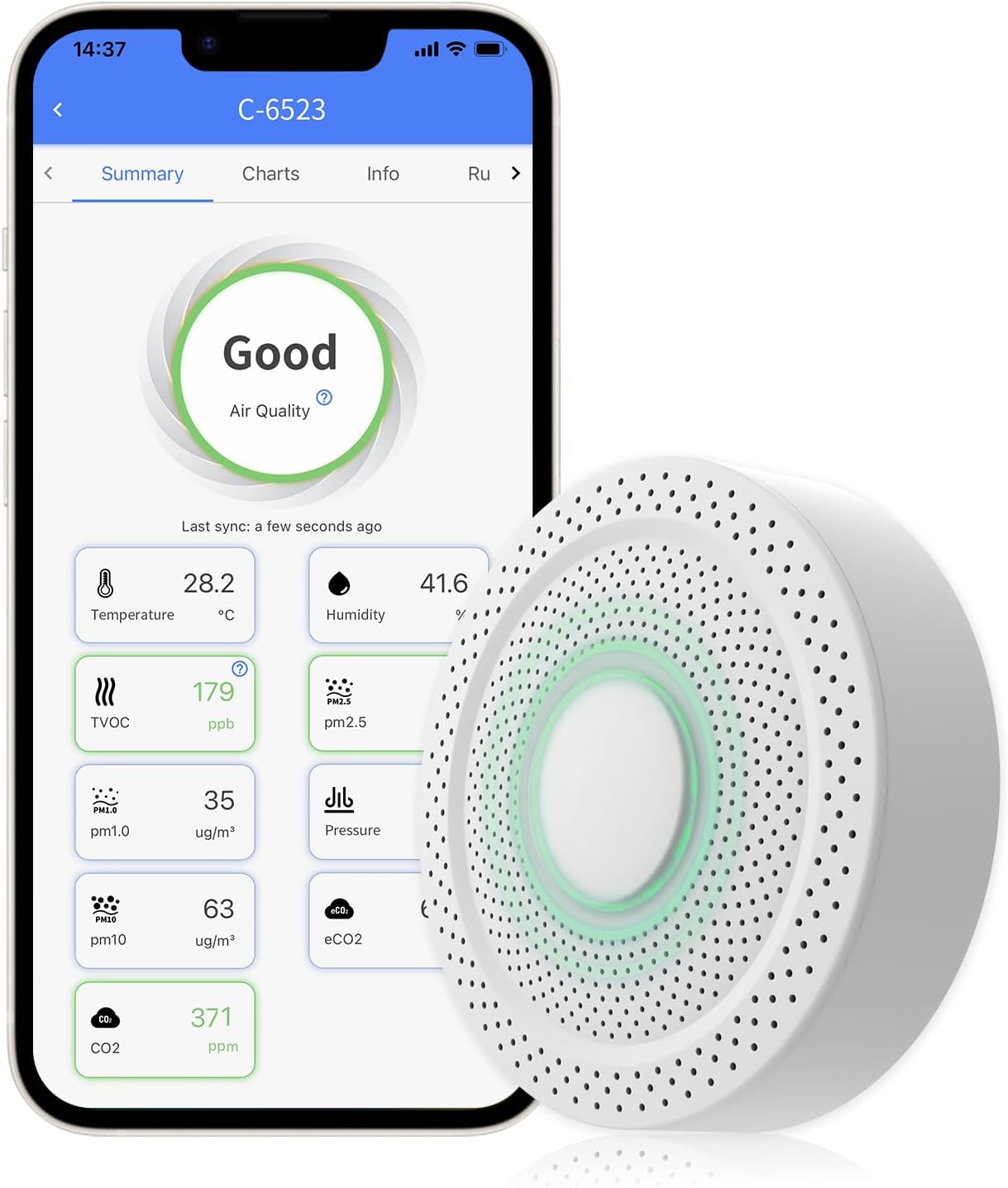 UbiBot AQS1 9-in-1 Air Quality Monitor – PM1/2.5/10, TVOC, CO2/CO2e, Temp/RH/Air Pressure, Multiple Alerts, WiFi/RS485 Connectivity, Public&Private Cloud, Support Local Network Deployment.