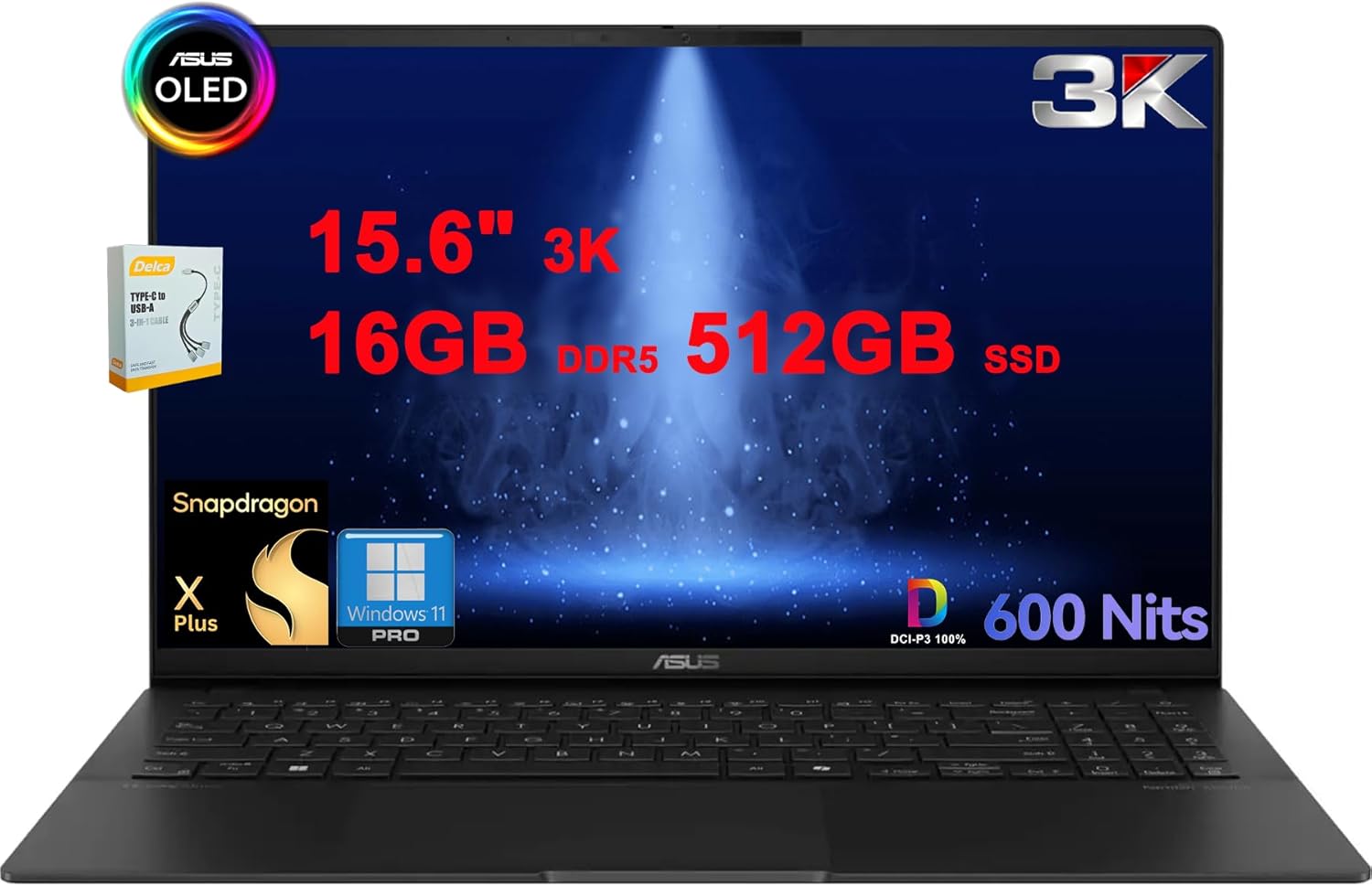 ASUS Vivobook S 15 Business Copilot+ AI PC Laptop | 15.6″ 3K Lumina OLED 120Hz (600nits 100% DCI-P3) | Qualcomm 8-core Snapdragon X Plus | 16GB DDR5 512GB SSD | Backlit USB4 Win11Pro w/DLCA Accessory