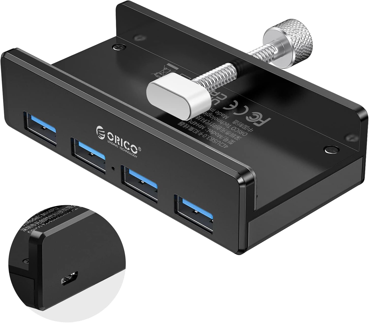 ORICO USB 3.0 Hub, USB Hub Clamp, Aluminum 4-Port USB Splitter with Extra Power Supply Port and 4.92 FT USB Data Cable, Desktop Powered USB Hub for Monitors/Desks-Black (Without Power Adapter)