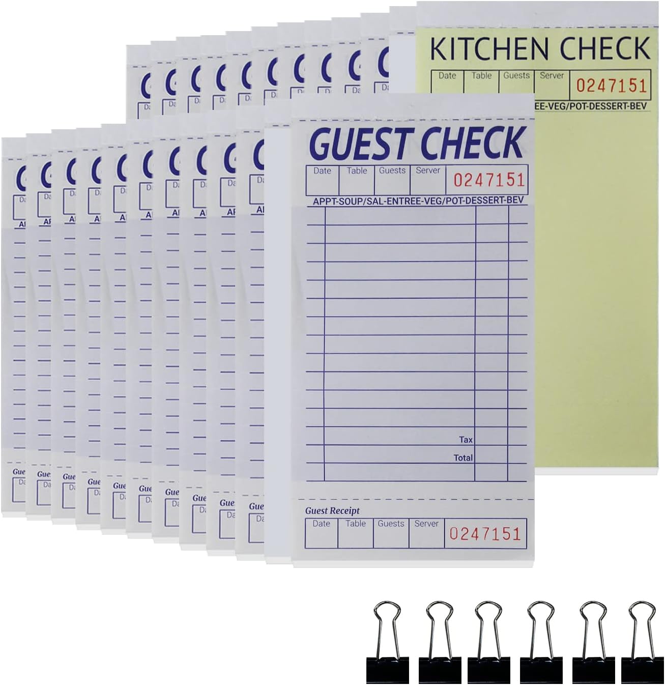 [24 Books] Guest Checks Server Note Pads, 2-Part Carbonless Guest Check Pads Order Pads for Restaurants, Server, Waitress, 50 Sheets Per Server Pads Total 1200, Extra 6 Clips