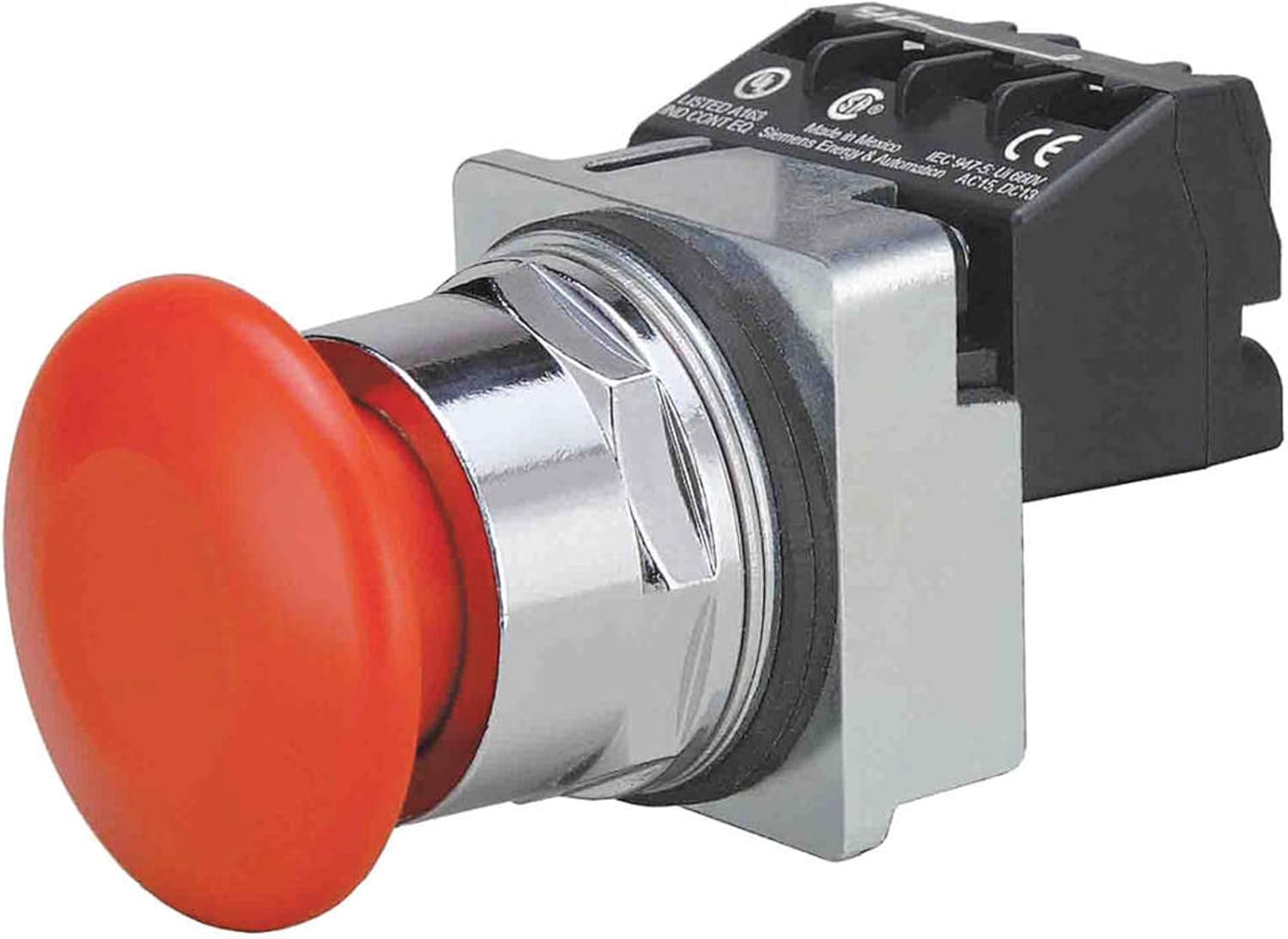 Siemens 52PP2W2A Maintained Heavy-Duty 2-Position Pushbutton 30 mm 1 NO-1 NC 1-3/4 Inch Mushroom Head Actuator Red Cap/Lens Chrome