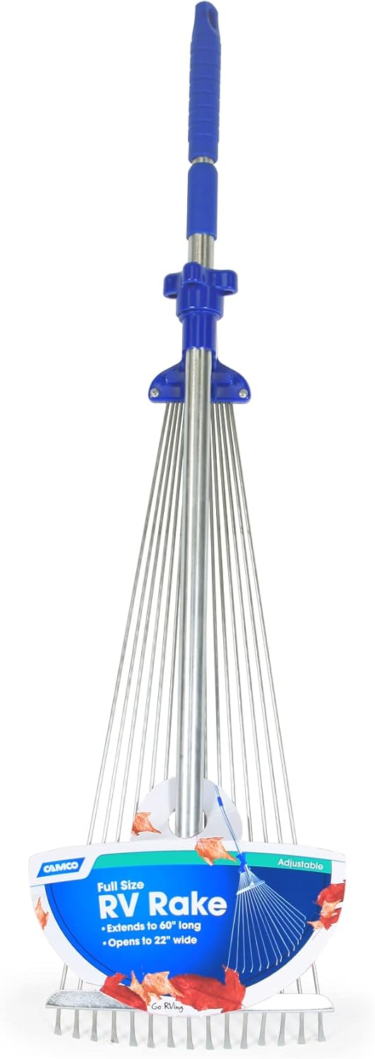 Camco Telescopic Collapsible Rake | Expands to 60″ Long with 22″ Width Rake | Folds to 30″ x 8 ½” for Easy Storage | Great for Camping, Gardening, or Lawn Maintenance (42170)