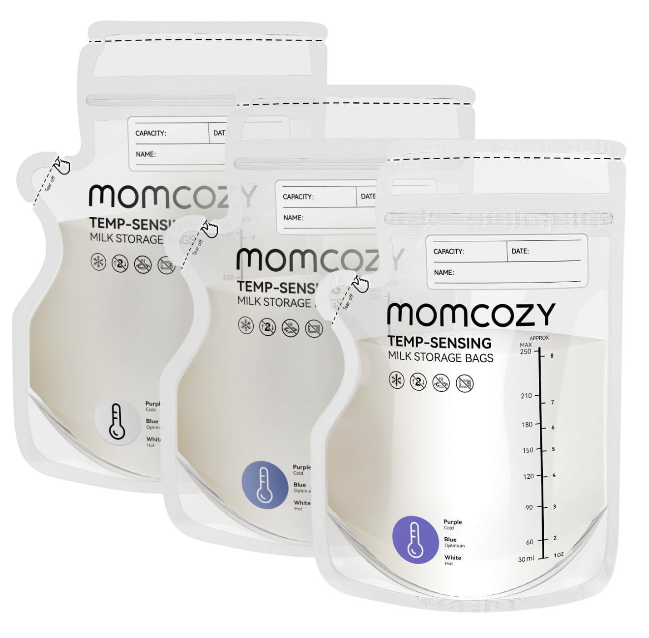 Momcozy Breastmilk Storage Bag, 8Oz, Temp-Sensing Color Change, 120 Count Milk Storage Bags Breastmilk with Pour Spout, Milk Bag with Self Standing for Breastfeeding, No Leak Presterilized for Freezer