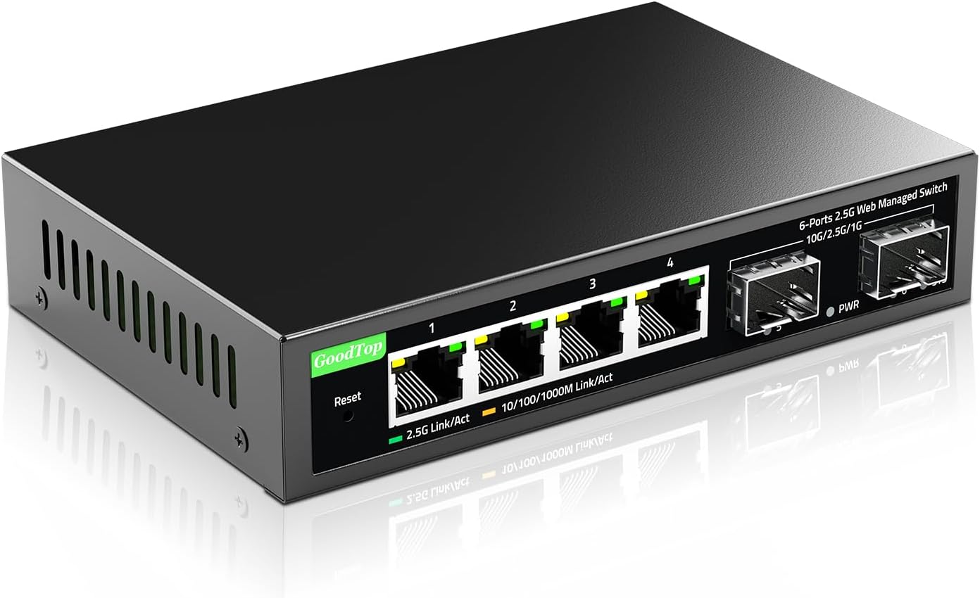 6 Port 2.5Gb Smart Managed Switch,4 x 2.5GbE Ports,2 x 10G SFP+,Web Managed with Static Link Aggregation/VLAN/QOS, Metal Fanless Home Lab Network Switch