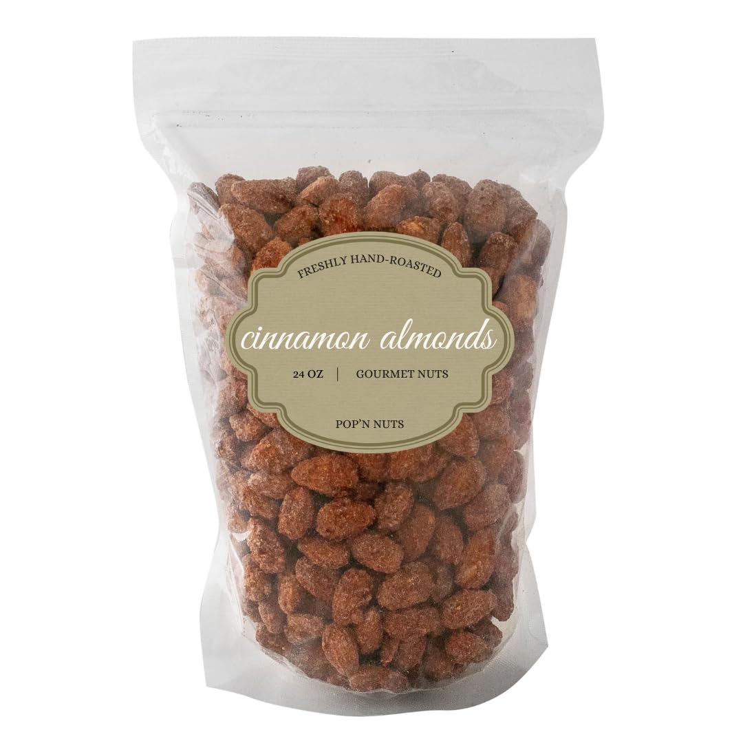 Cinnamon Roasted Almonds 24 oz (1.50 lb) – Candied Almonds Glazed with Cinnamon to Satisfy Any Sweet Tooth – Artisan Hand-Roasted Sweet Nuts by Pop’N Nuts