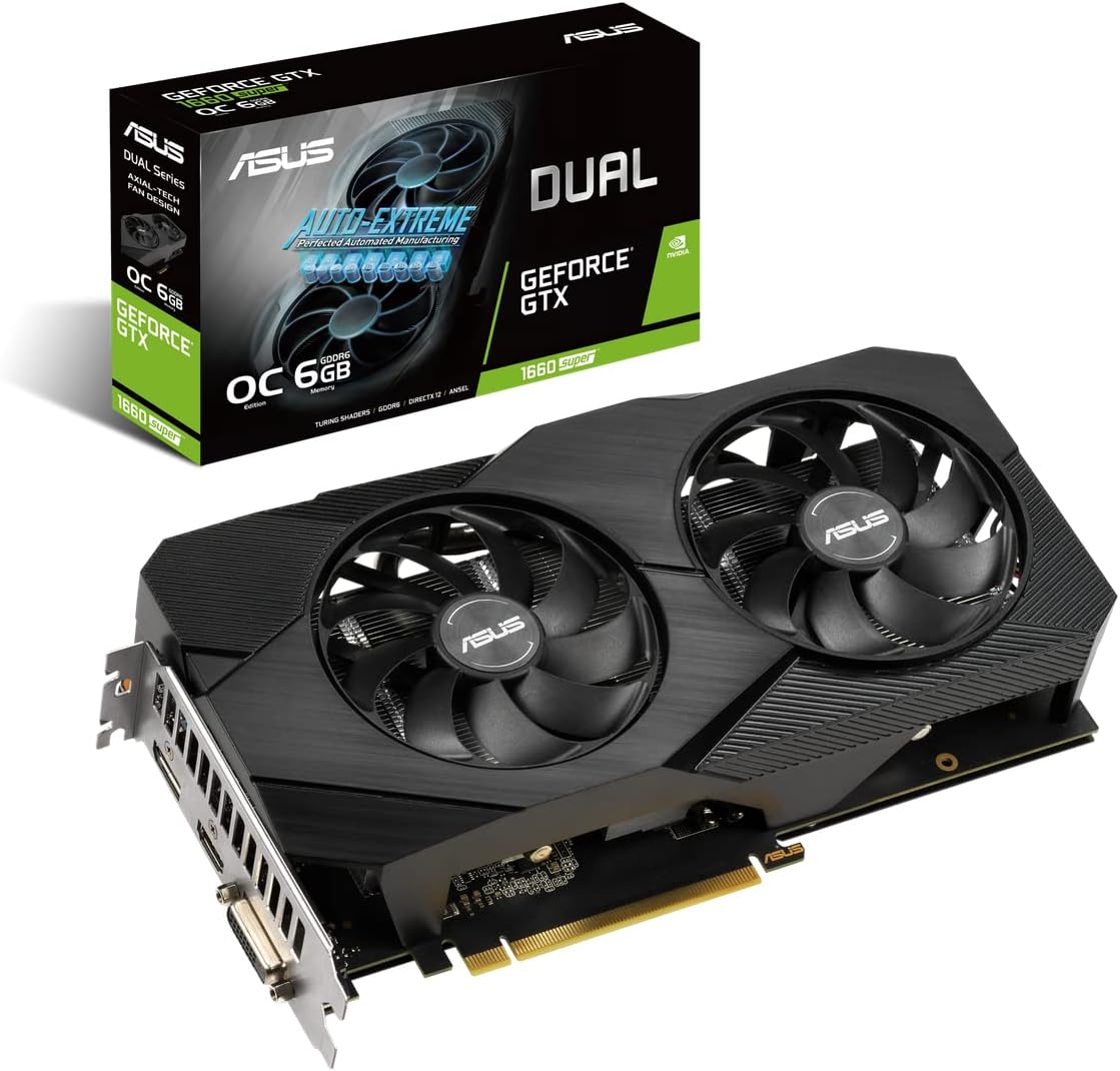 ASUS Dual Nvidia GeForce GTX 1660 Super 6GB EVO OC Edition Gaming Grafikkarte (GDDR6 Speicher, PCIe 3.0, 1x HDMI 2.0b, 1x DVI, 1x DisplayPort 1.4, DUAL-GTX1660S-O6G-EVO)