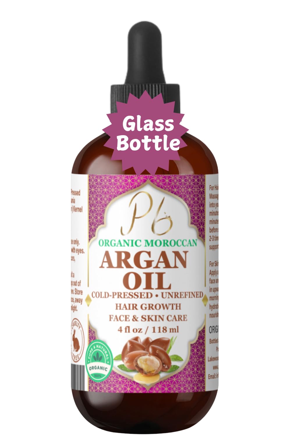 Organic Moroccan Argan Oil, 100% Pure Argan Oil, Cold Pressed Virgin Premium Grade Natural Moisturizer Treatment For Dry, Damaged Skin, Hair, Face, Body & Scalp – Men & Women 4 fl oz