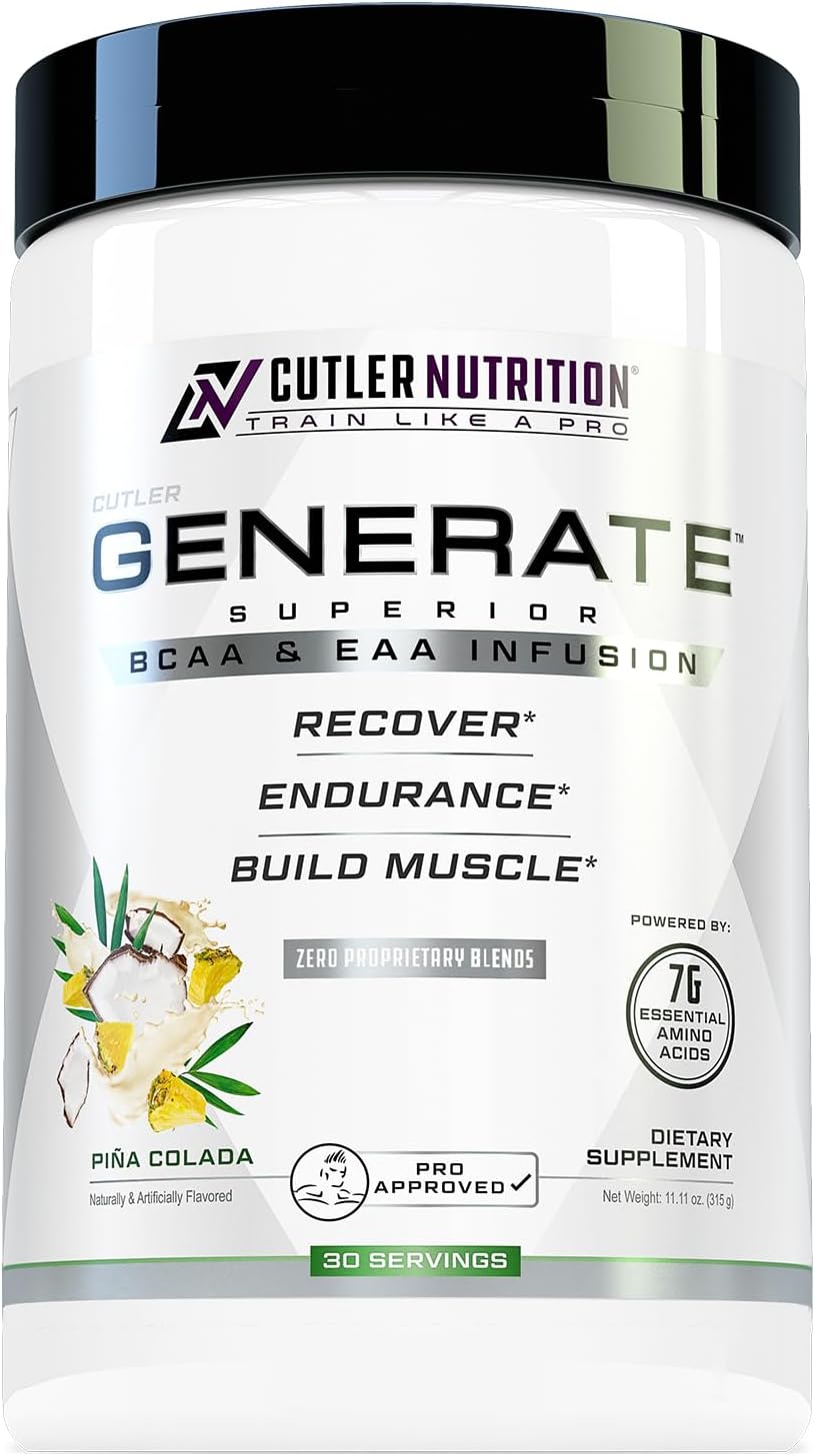 Cutler Nutrition Generate EAA and BCAA Powder: Best Branched Chain Amino Acids Supplement with Essential Amino Acids, 5g BCAAs, 2g EAAs for Lean Muscle Mass | Pina Colada, 30 Servings