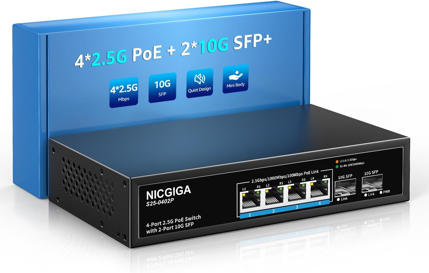 4 Port 2.5G PoE Switch Unmanaged with 4 x 2.5Gb Base-T PoE+@78W + 2 x 10G SFP Uplink, 2.5Gbe IEEE802.3af/at Power Over Ethernet Switch, Support WiFi6 AP, NAS, 4K PoE Camera NVR.