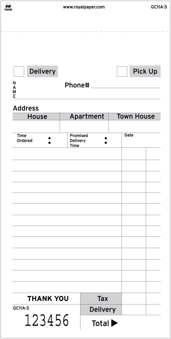 AmerCareRoyal guest check pad, 14 lines, three-part carbonless, 3.4 x 6.69, 50 forms/pad, 50 pads/carton