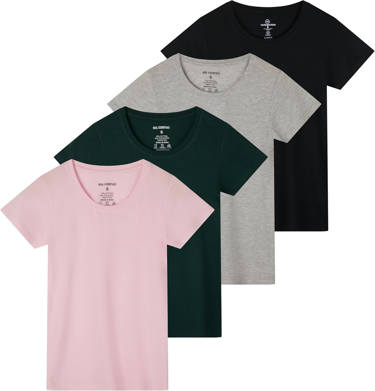 Real Essentials 4 Pack: Women’s Classic-Fit Cotton Short-Sleeve Scoop Crew Neck T-Shirt (Available in Plus Size)