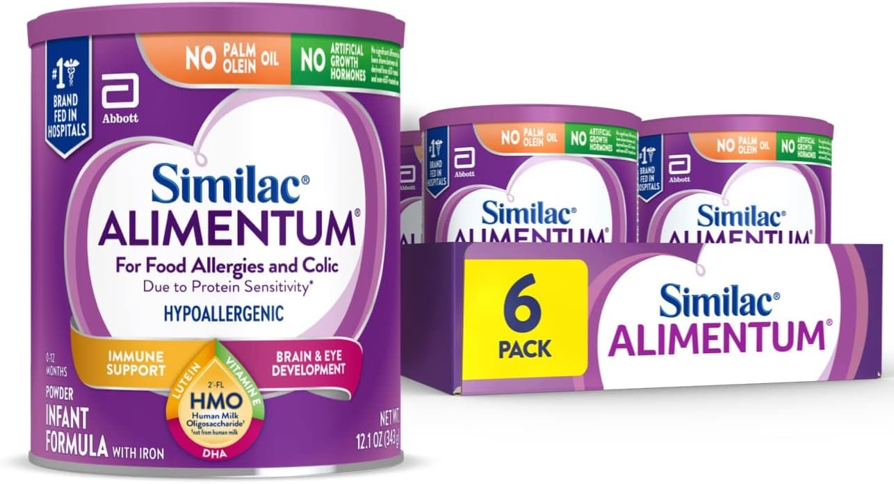 Similac Alimentum with 2’-FL HMO Hypoallergenic Infant Formula, for Food Allergies and Colic,* Suitable for Lactose Sensitivity, Baby Formula Powder, 12.1-oz Value Can, Pack of 6