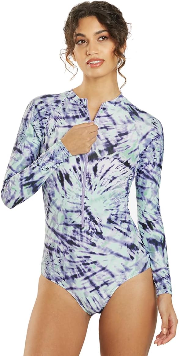 Sporti Active Floral Zip Front Long Sleeve One Piece Swimsuit – Moonlight Tie Dye – X-Large