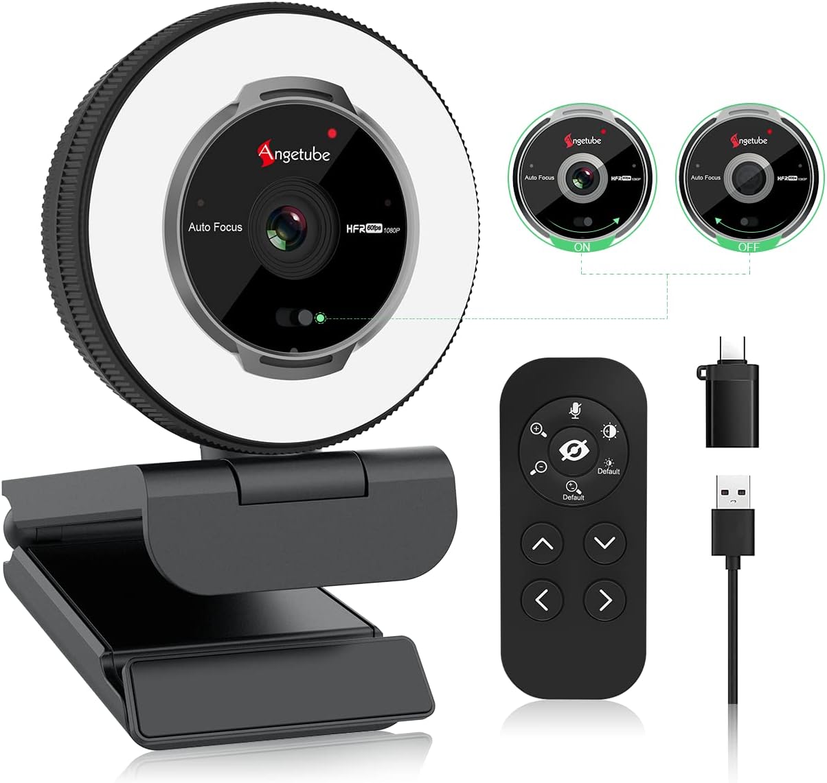 Angetube Streaming Webcam with Microphone: 1080P 60FPS USB Web Cam with Ring Light and Remote Control – HD Web Camera with 5X Digital Zoom Built in Privacy Cover,for PC|Computer|Laptop|Mac|Desktop