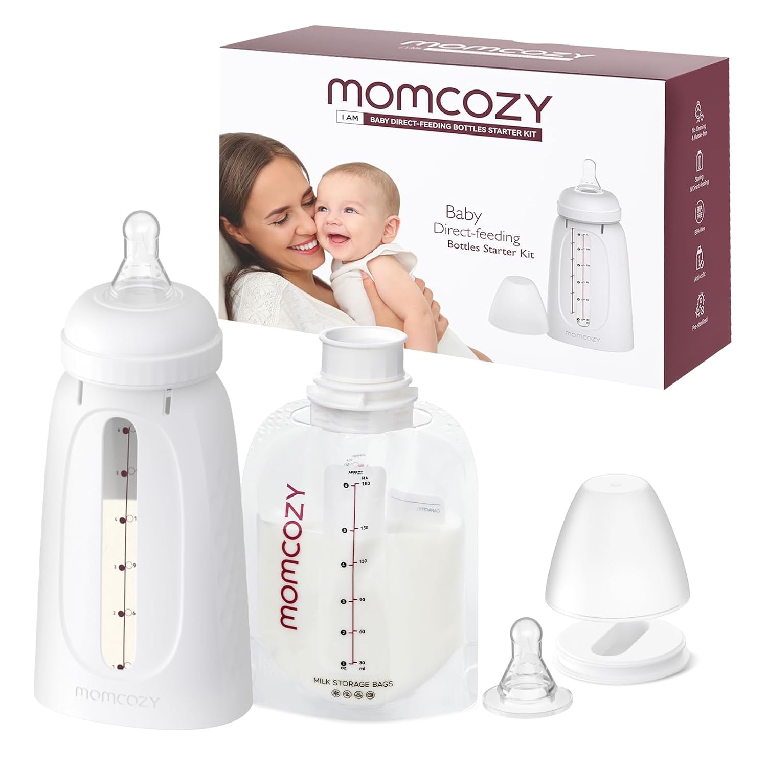 Momcozy 3-in-1 Breast Milk Storage & Feed Kit 25 Pieces, Wash-Free, Transfer-Free & BPA-Free Breastfeeding Essentials, Easy Directly Baby Feeding, 6 OZ, Portable for On-The-go