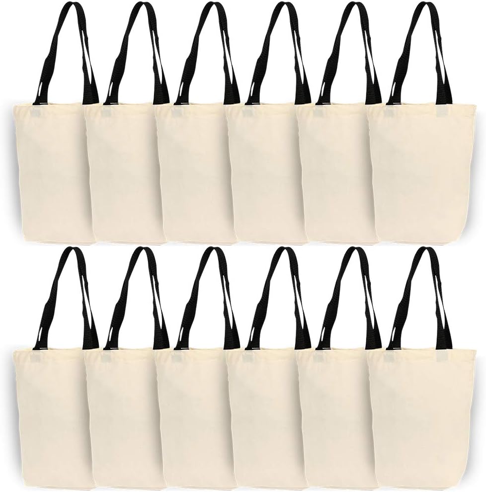 Azuca Natural Canvas Tote Bags with Bottom Gusset for Crafts, Shopping, Groceries, Books, 6 Pack- 13x11x3.2 Inches