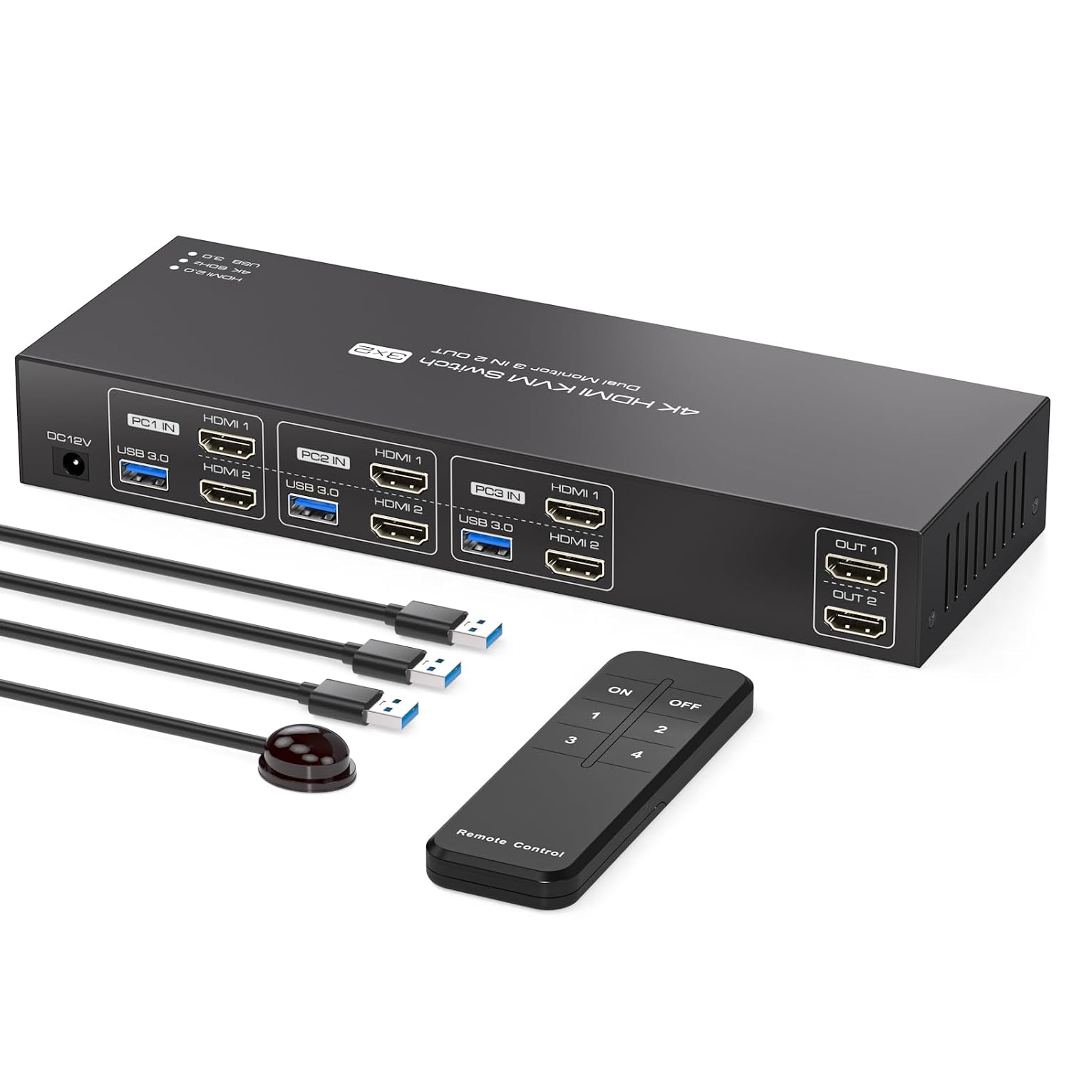 HDMI KVM Switch 3 Computers 2 Monitors 4K@60Hz EDID Dual Monitor KVM Switches for 3 Computers 2 Monitors Shared 4 USB 3.0 Devices with IR Remotes and 3 USB 3.0 Cables