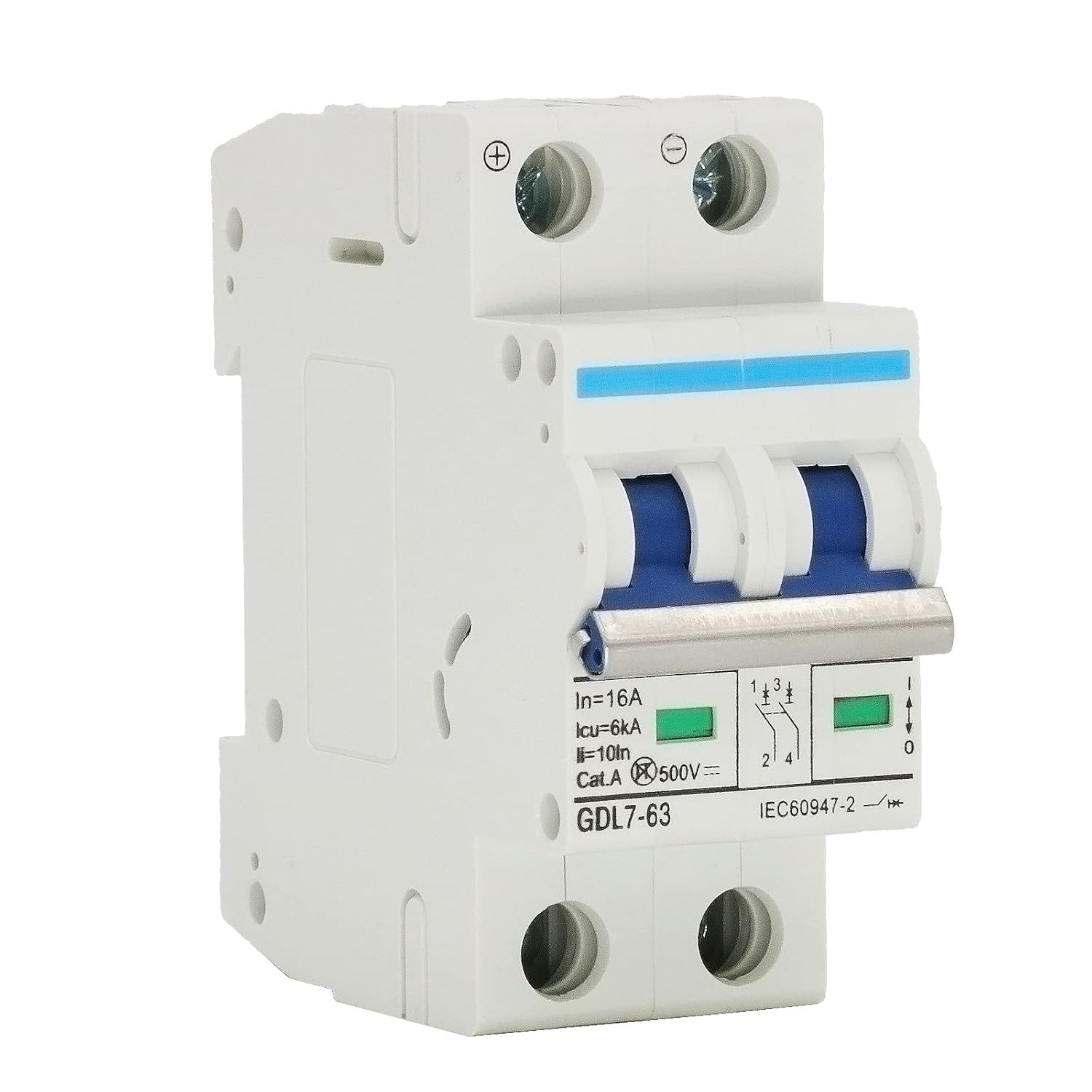 2 Pole DC Miniature Circuit Breaker, 500V 16 Amp DC Breaker Solar Disconnect Switch C16 for Solar Panel PV System