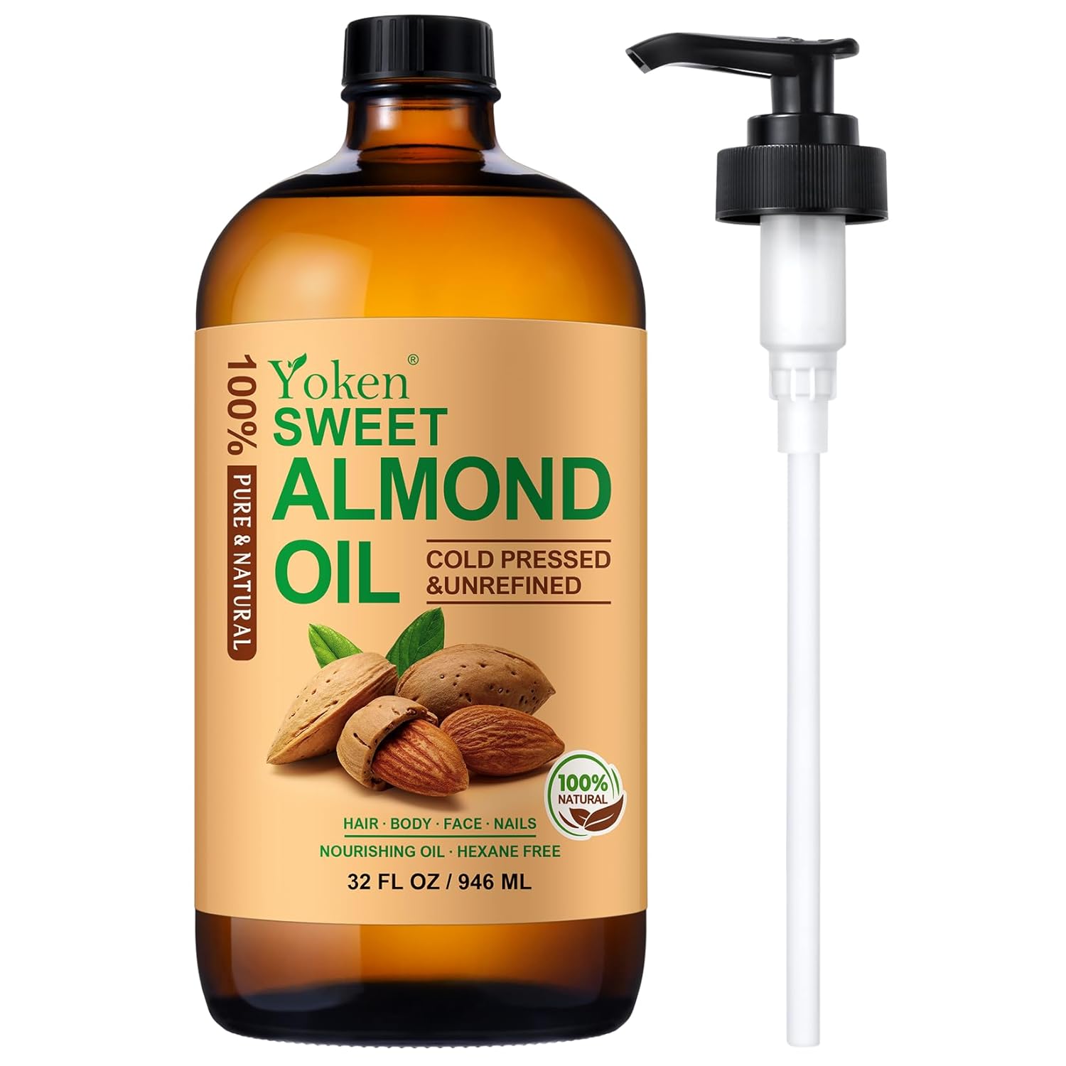 Yoken Sweet Almond Oil 32 fl oz 100 Pure Cold Pressed Glass Bottle Sweet Almond Oil for Skin, Hair, Sweet Almond Oil for Hair Moisturer, Smooth and Soft Skin – Carrier Oil for DIY, Massage Therapy